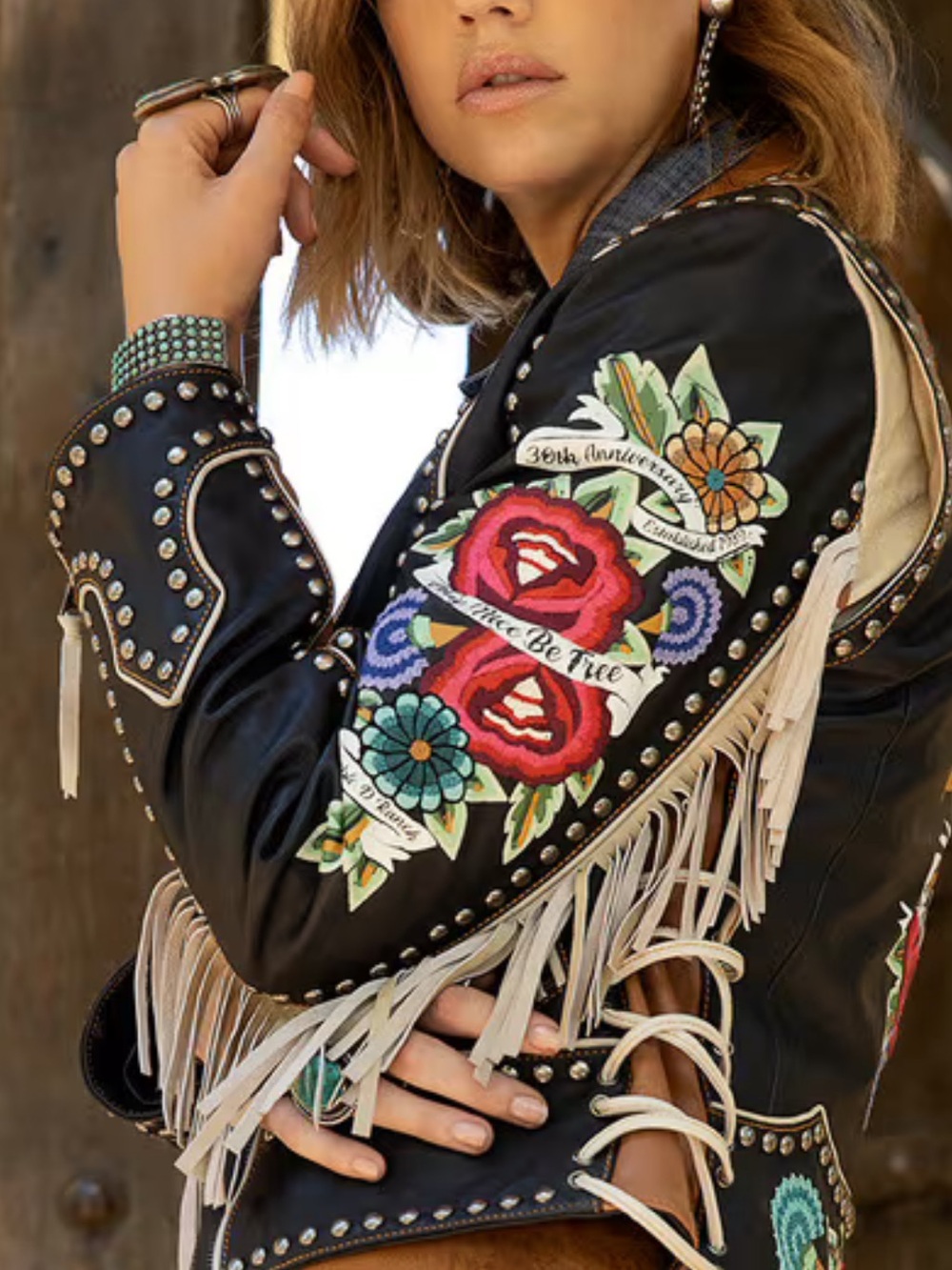 Double D Ranch Running on Empty leather biker jacket embroidered studs RTL $1395 - Picture 3 of 10